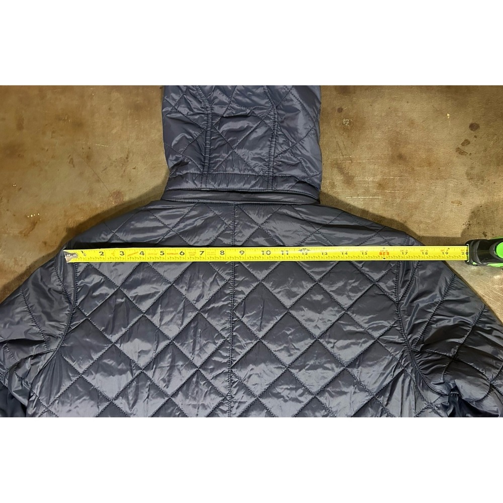 Barbour Greenfinch Midi Jacket Womens Sz 12 Navy Blue Hooded Shoulder Patches - Picture 14 of 14